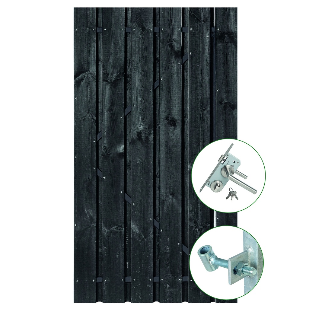*Tuindeur zwart gespoten Privacy + rvs inbouwslotset 195x90cm plank: 1.6x14.0cm / 9 stuks + 1.4x9.0cm / 2 stuks Luxe rvs inbouwslotset incl. zwart deurframe 